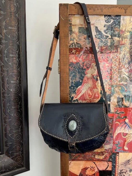 Stela 9 Handbags - Hand-Painted Tooled Leather Bag with Semi-precious Inlaid Cabochon